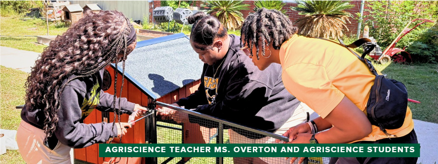 A photograph of Agriscience teacher Ms. Overton and her students working together to build a chicken coop at the St. Helena College & Career Academy. White text with a green background states, "Agriscience teacher Ms. Overton and Agriscience Students".